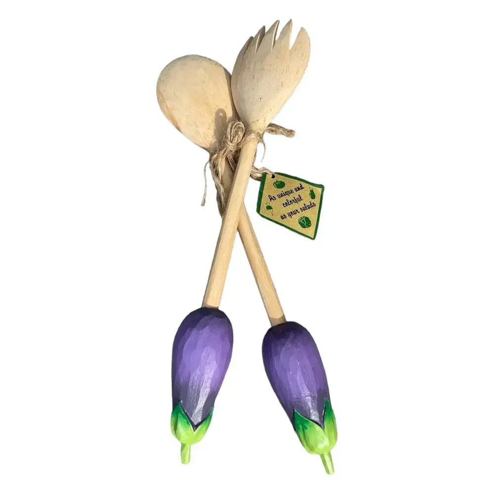 Salad Servers Bobbo Inc Wooden Fork & Spoon Set Handcarved Handpainted Eggplant